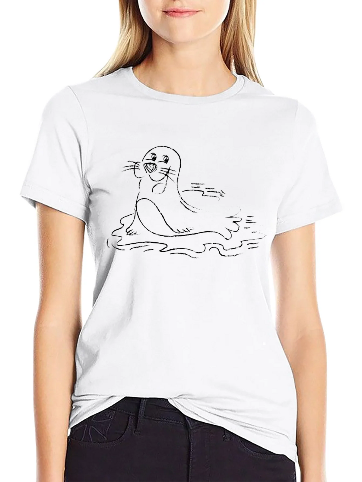 Cartoon Seal Graphic Tee - Soft Black Cotton Blend product image 8