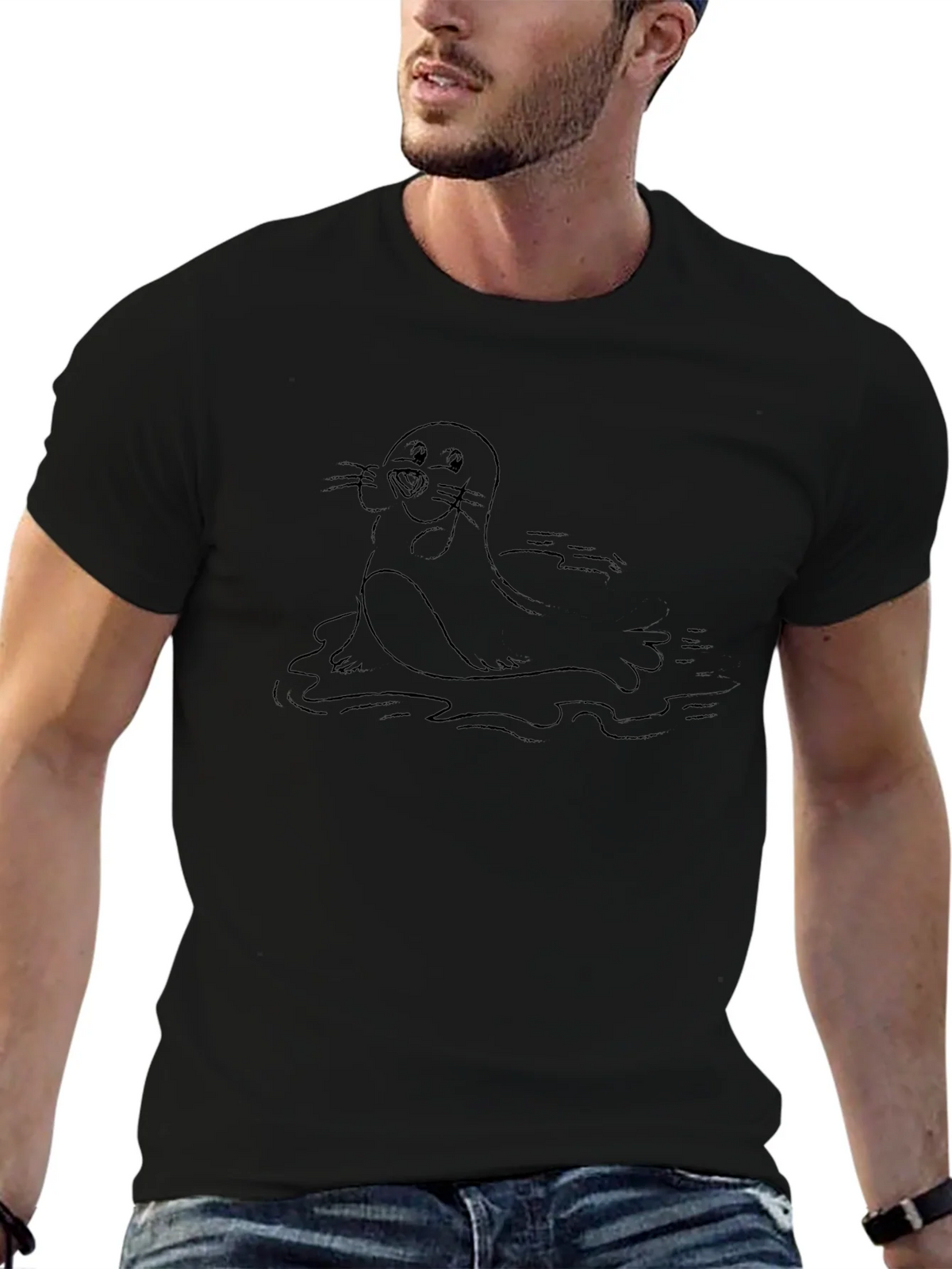 Cartoon Seal Graphic Tee - Soft Black Cotton Blend product image 6
