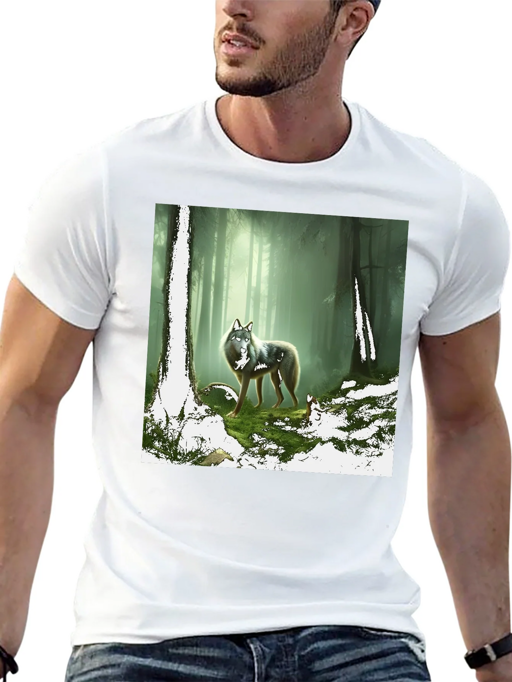 Wolf in Forest Graphic Print Black T-Shirt product image 12