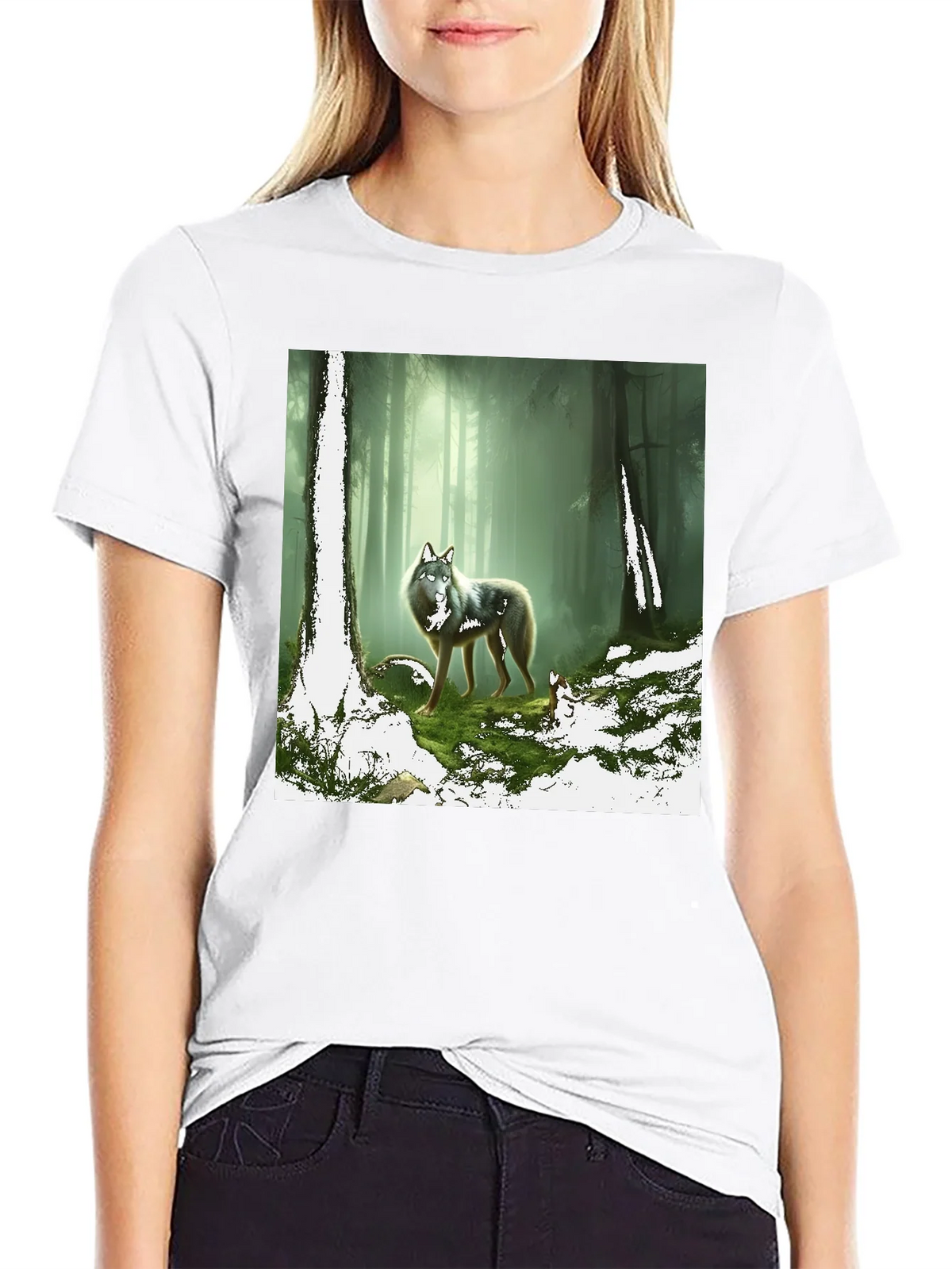 Wolf in Forest Graphic Print Black T-Shirt product image 8