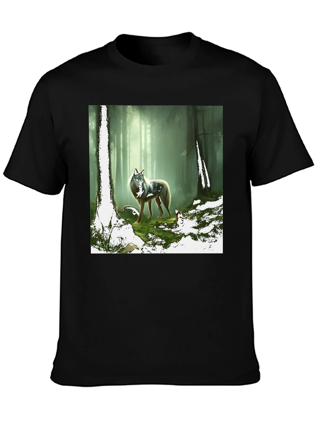 Wolf in Forest Graphic Print Black T-Shirt product image 3