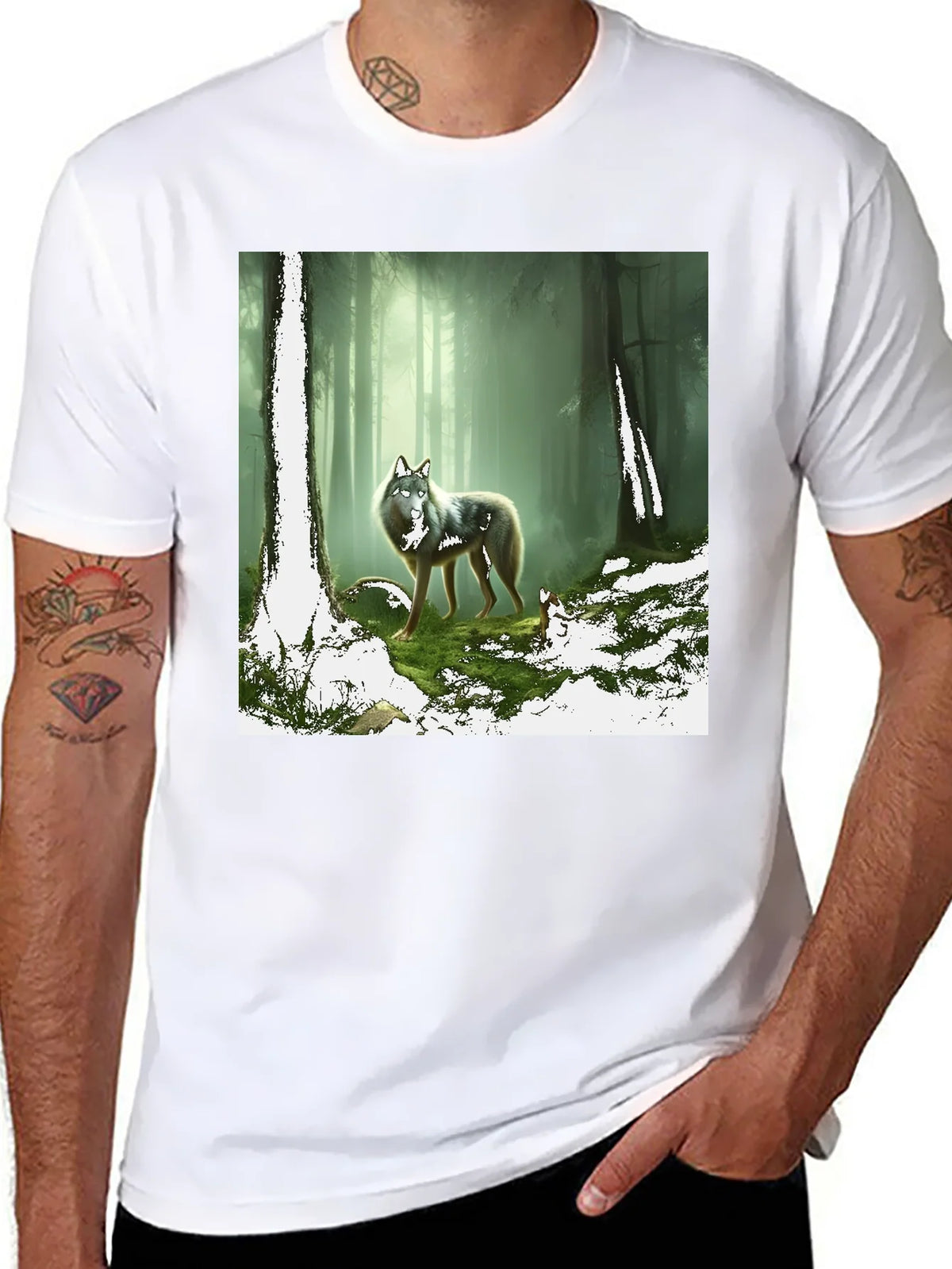 Wolf in Forest Graphic Print Black T-Shirt product image 7