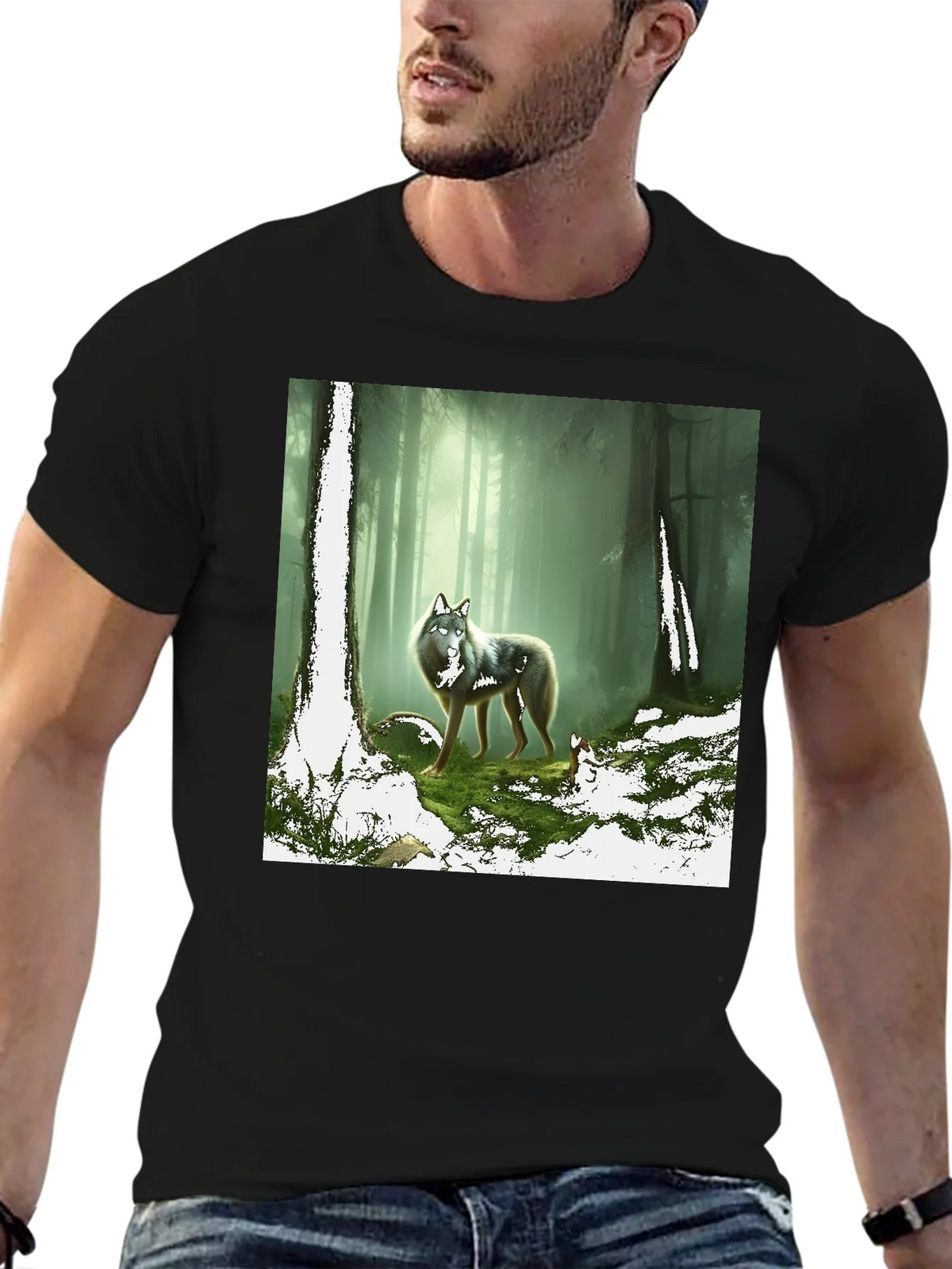 Wolf in Forest Graphic Print Black T-Shirt product image 6