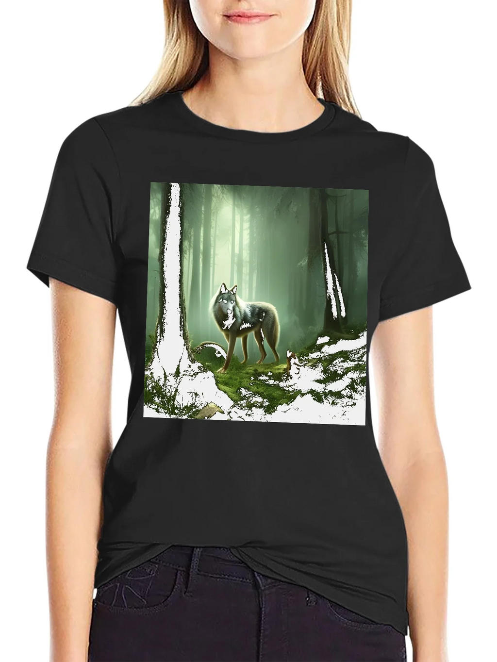 Wolf in Forest Graphic Print Black T-Shirt product image 2