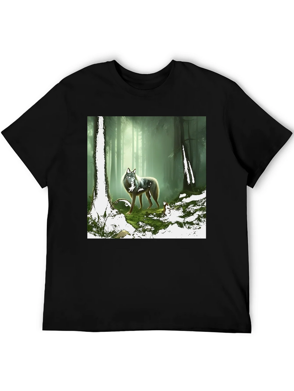 Wolf in Forest Graphic Print Black T-Shirt product image 5