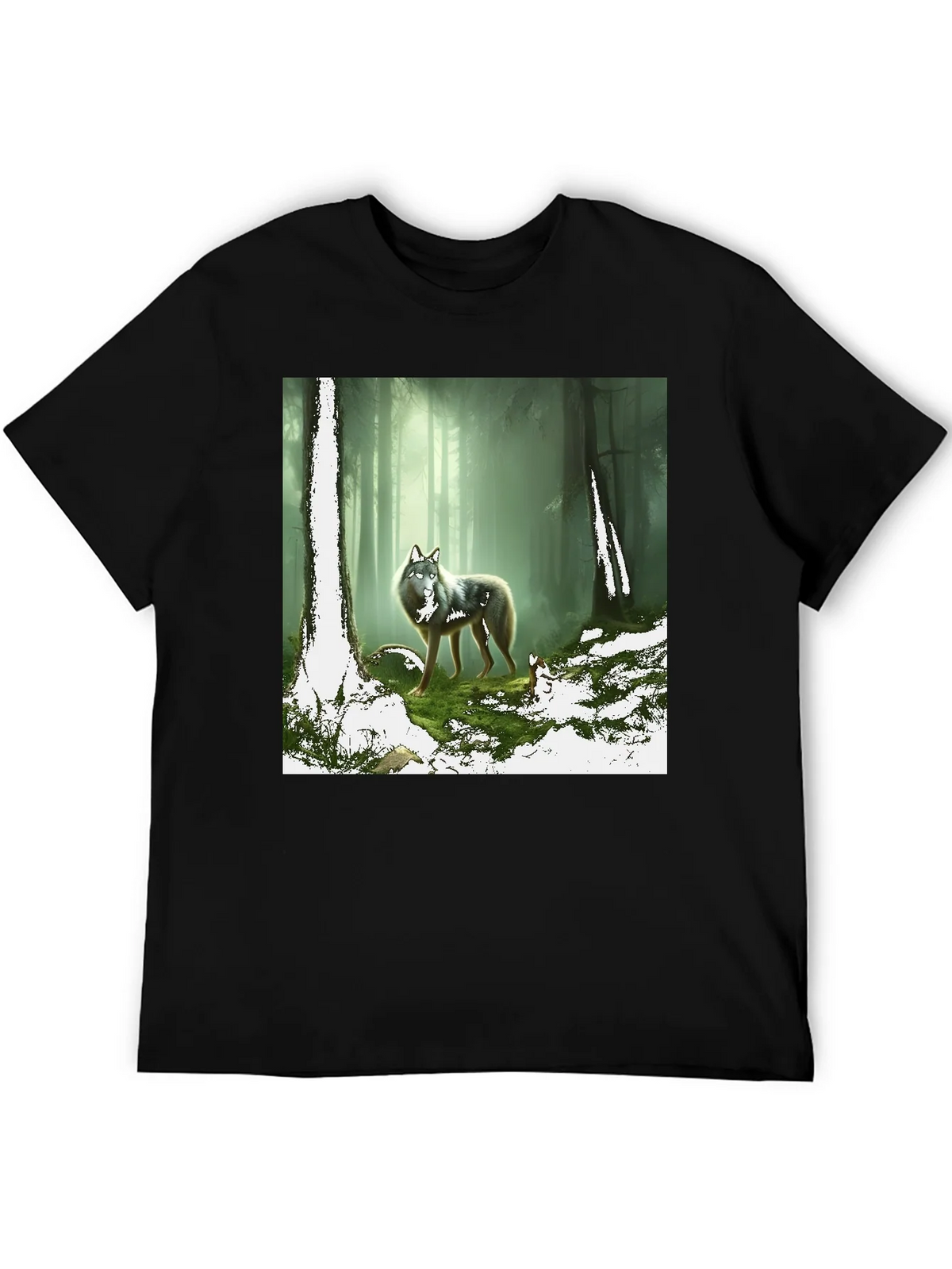 Wolf in Forest Graphic Print Black T-Shirt product image 5