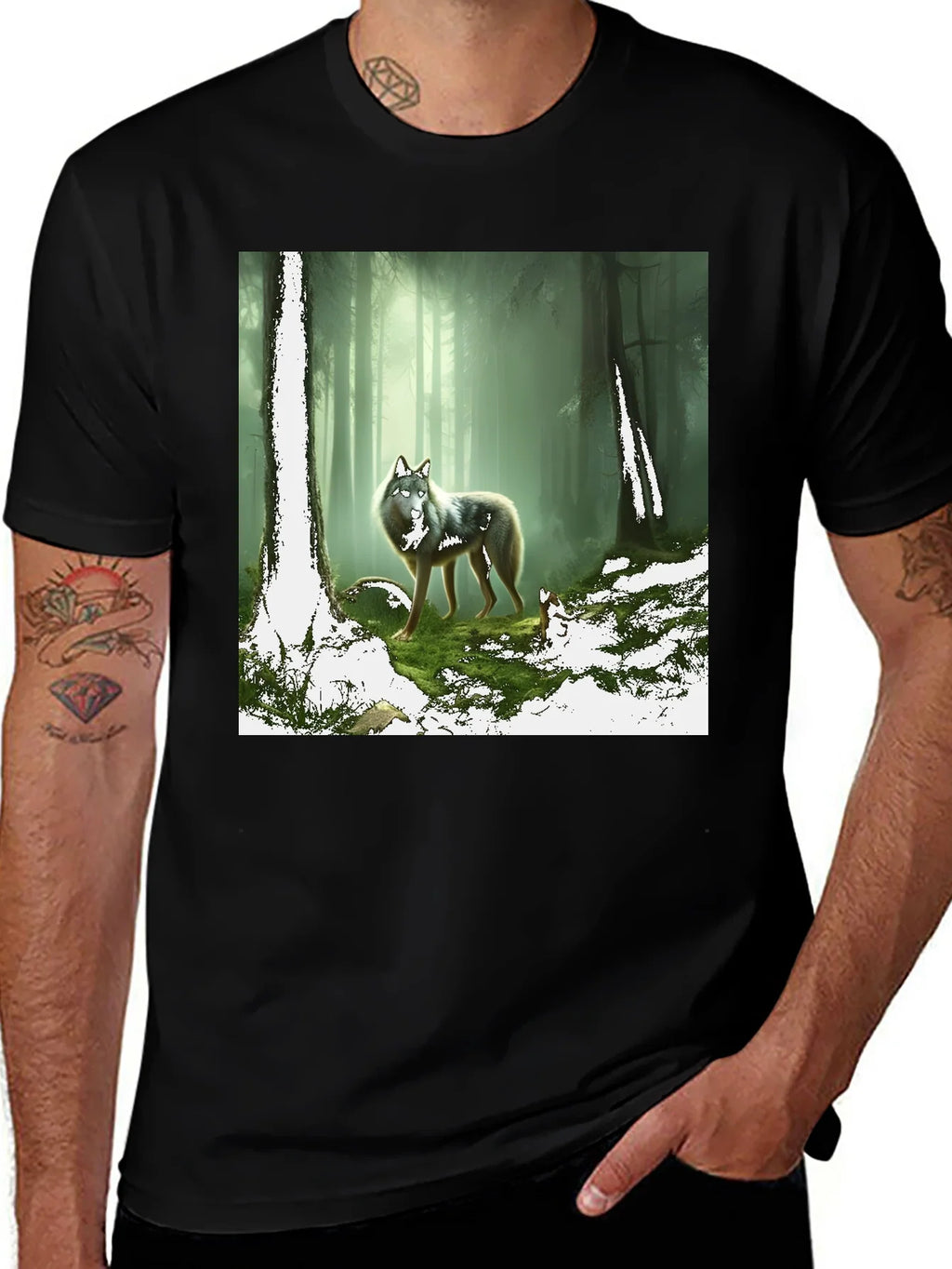 Wolf in Forest Graphic Print Black T-Shirt product image 1