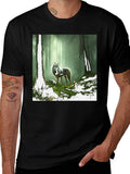 Wolf in Forest Graphic Print Black T-Shirt product image 1