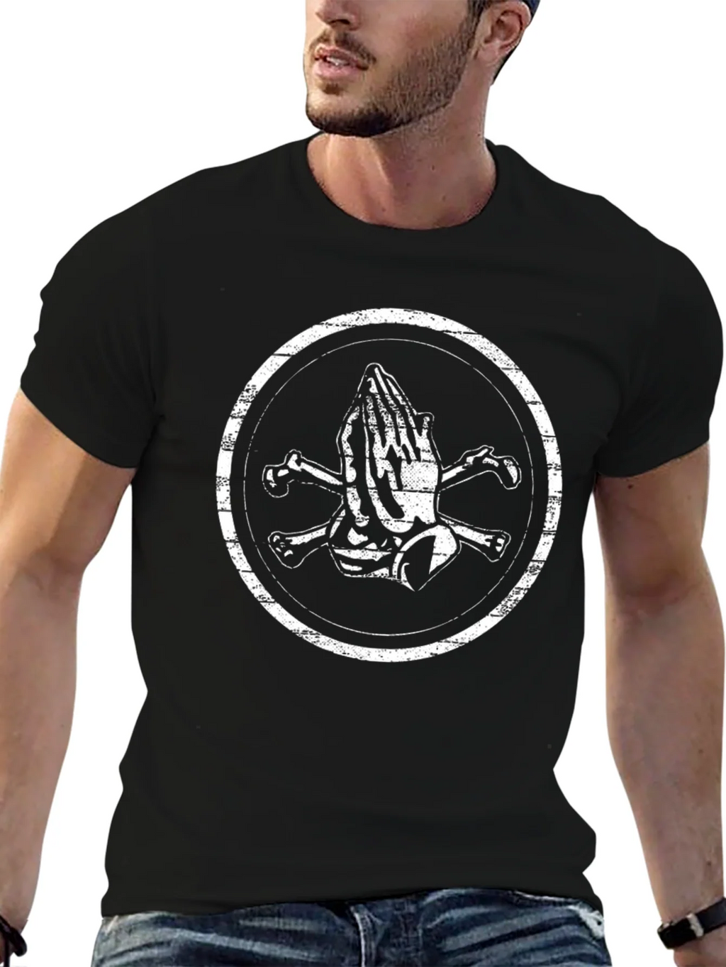 Praying Hands & Crossbones Graphic Tee - Black product image 1