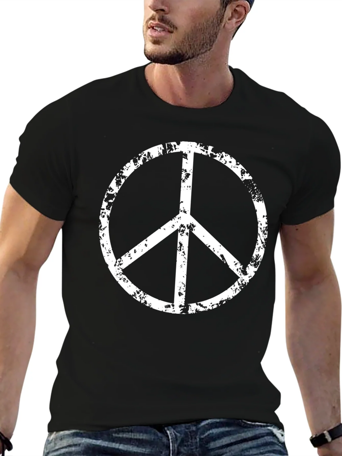 Peace Sign Graphic Tee - Black Cotton Blend Casual Shirt product image 6