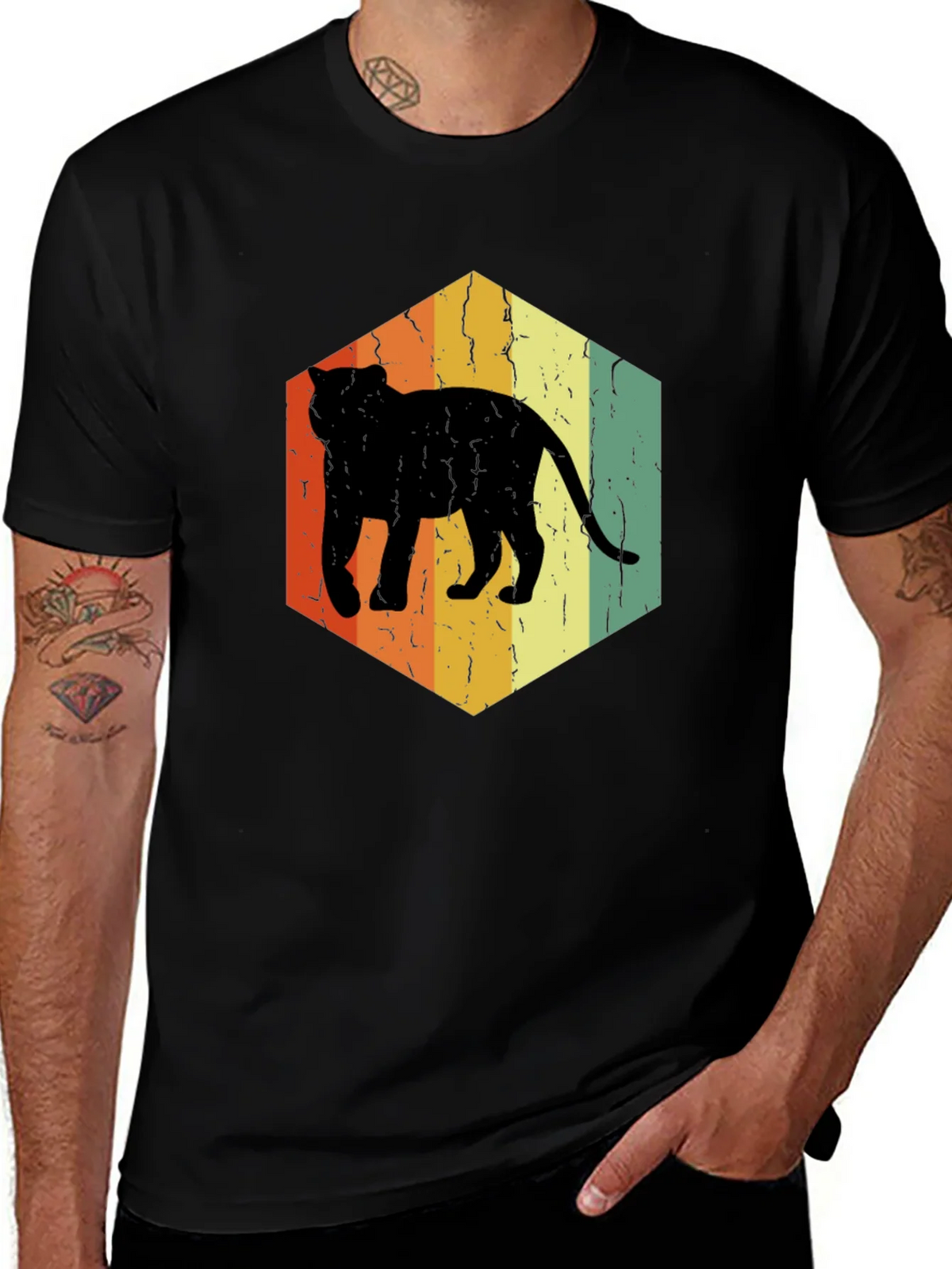Retro Cat Hexagon Graphic T-Shirt - Black product image 1