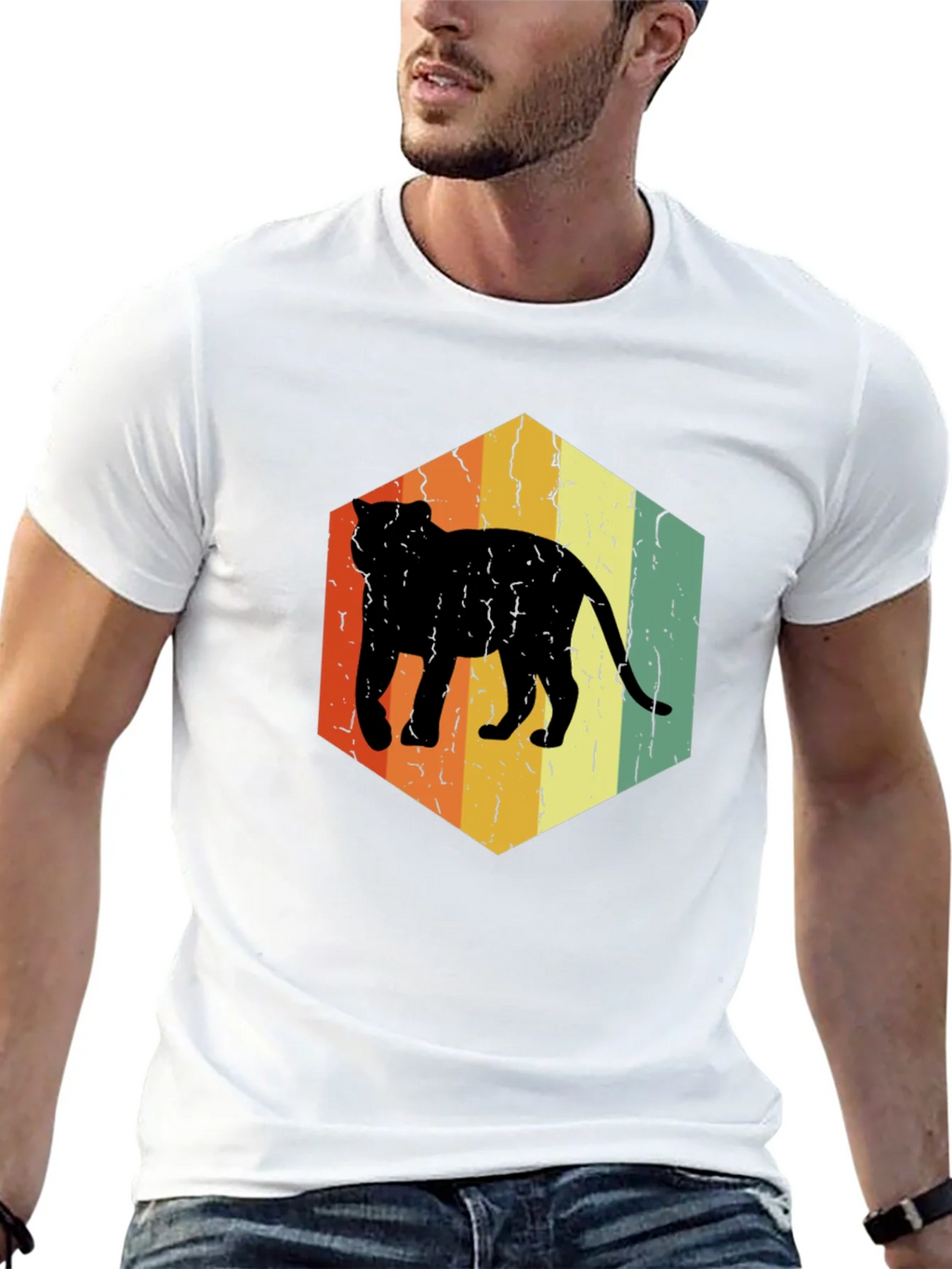 Retro Cat Hexagon Graphic T-Shirt - Black product image 5
