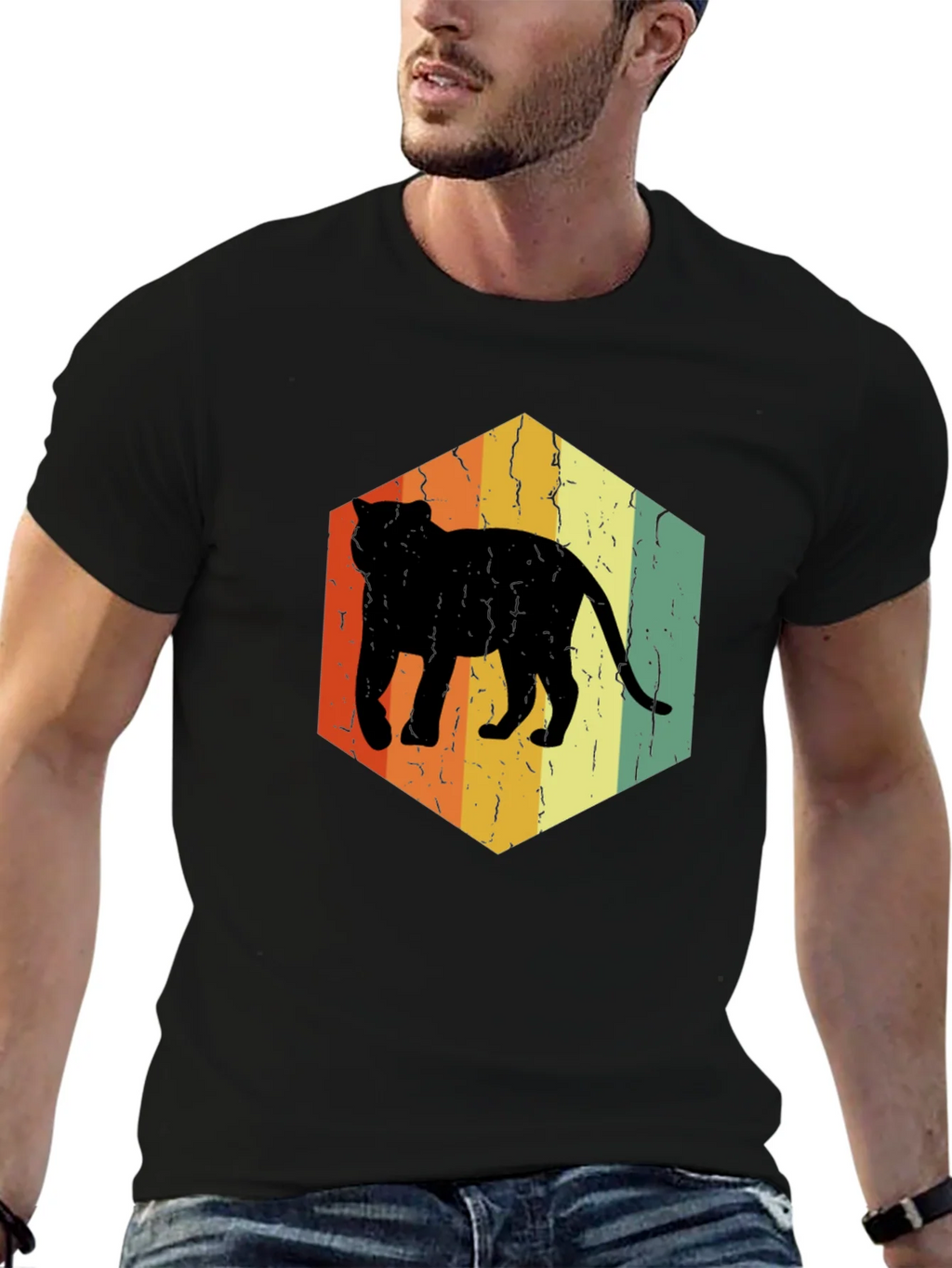 Retro Cat Hexagon Graphic T-Shirt - Black product image 3