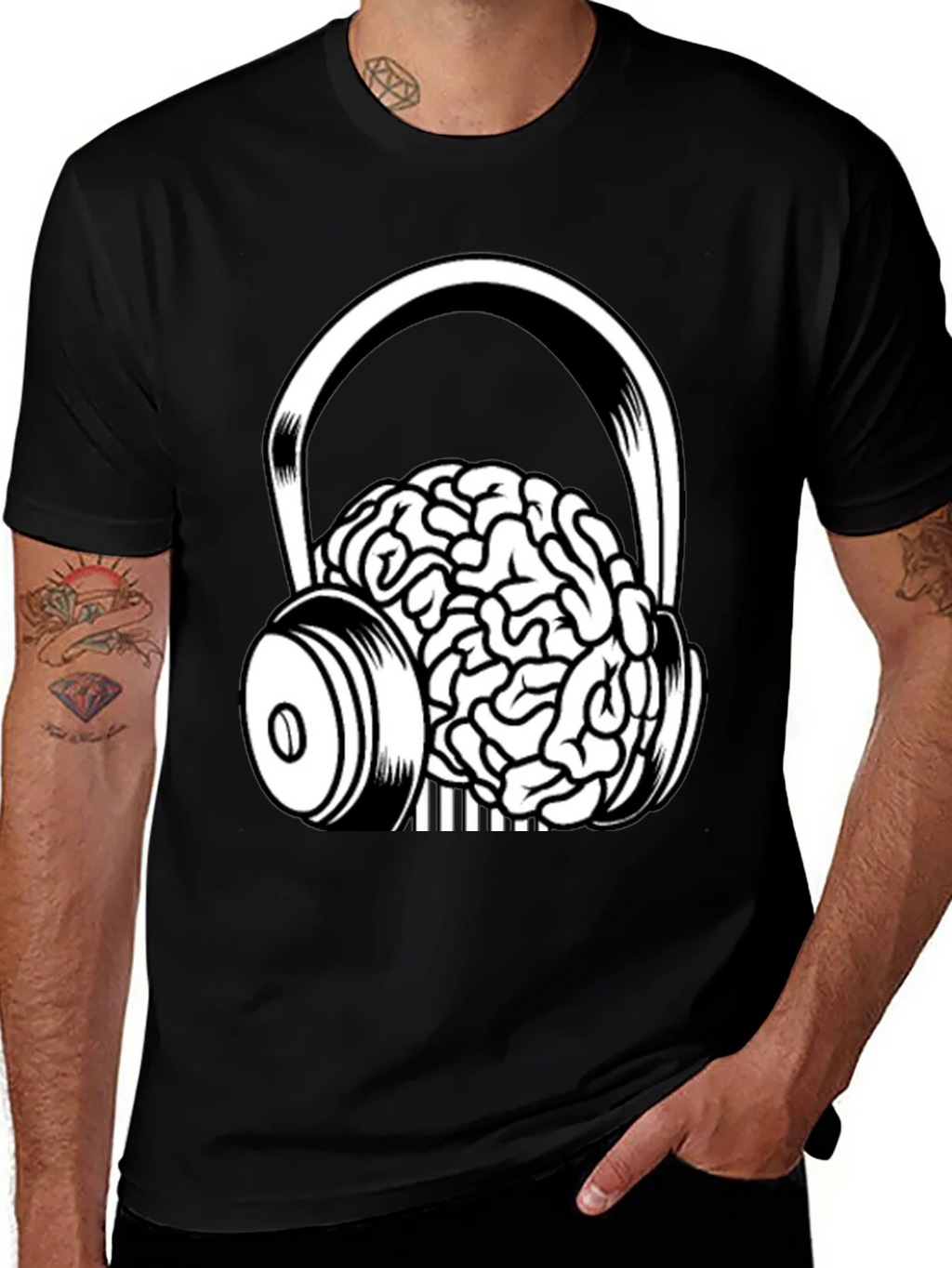 Brain in Headphones Graphic Tee - Black Cotton T-Shirt product image 1