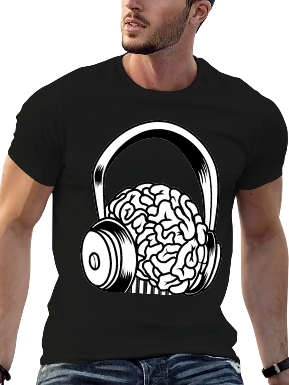 Brain in Headphones Graphic Tee - Black Cotton T-Shirt product image 6