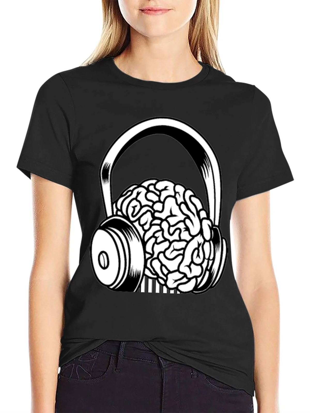 Brain in Headphones Graphic Tee - Black Cotton T-Shirt product image 2