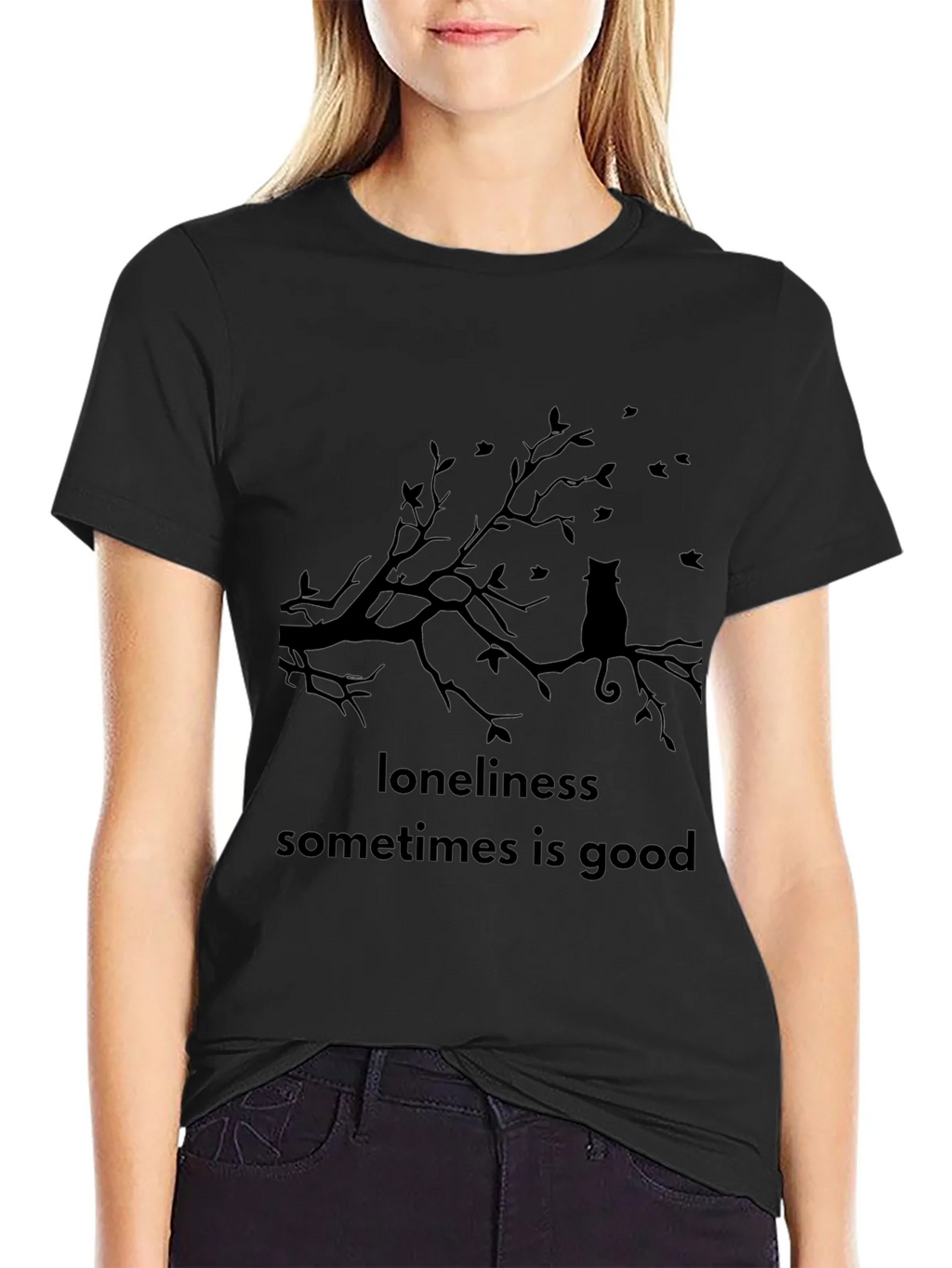 Loneliness is Good Cat Tee - Black Graphic T-Shirt product image 2