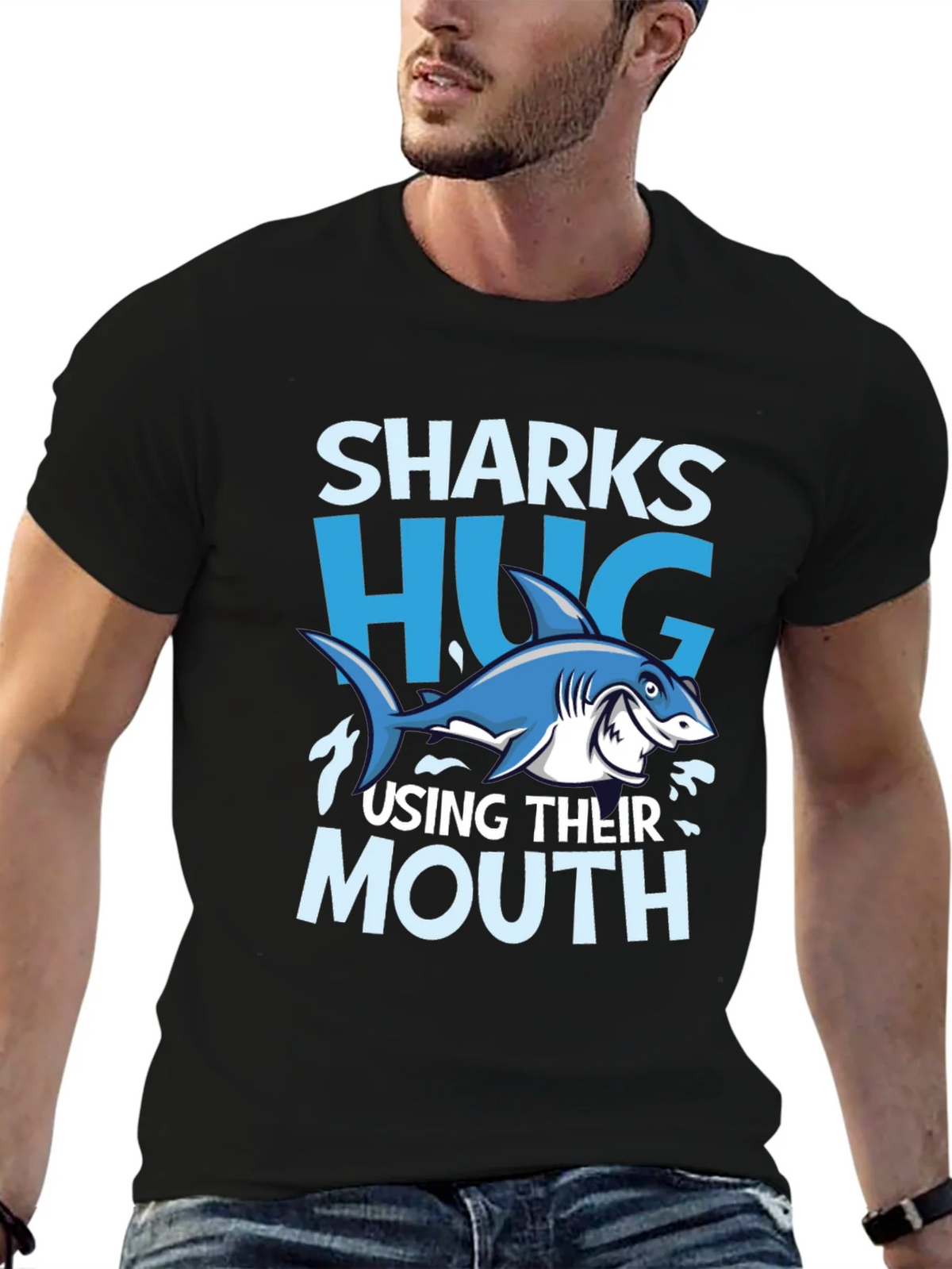 Funny Sharks Hug with Mouth Black T-Shirt product image 4