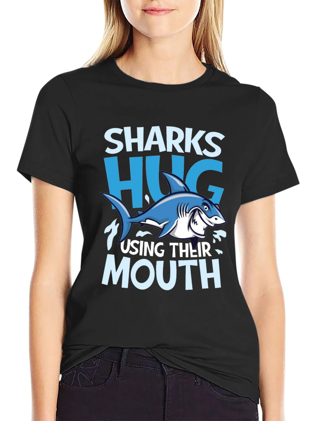 Funny Sharks Hug with Mouth Black T-Shirt product image 1