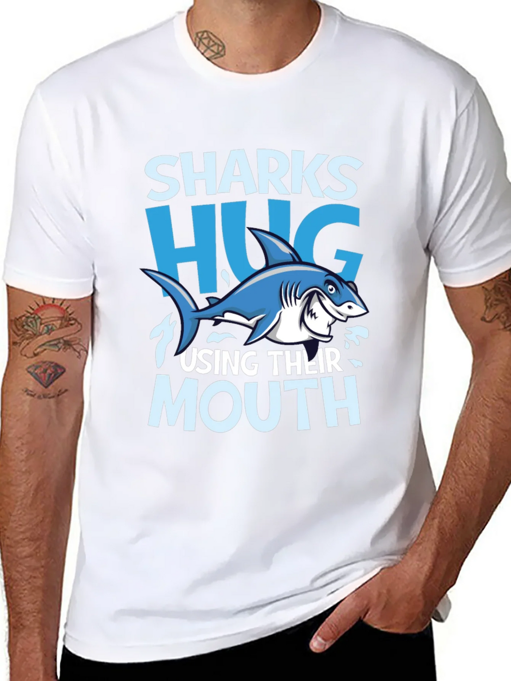 Funny Sharks Hug with Mouth Black T-Shirt product image 5