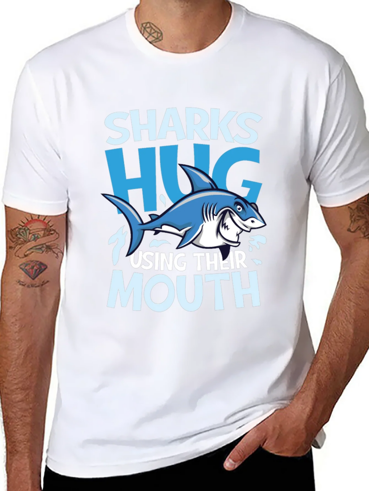 Funny Sharks Hug with Mouth Black T-Shirt product image 5