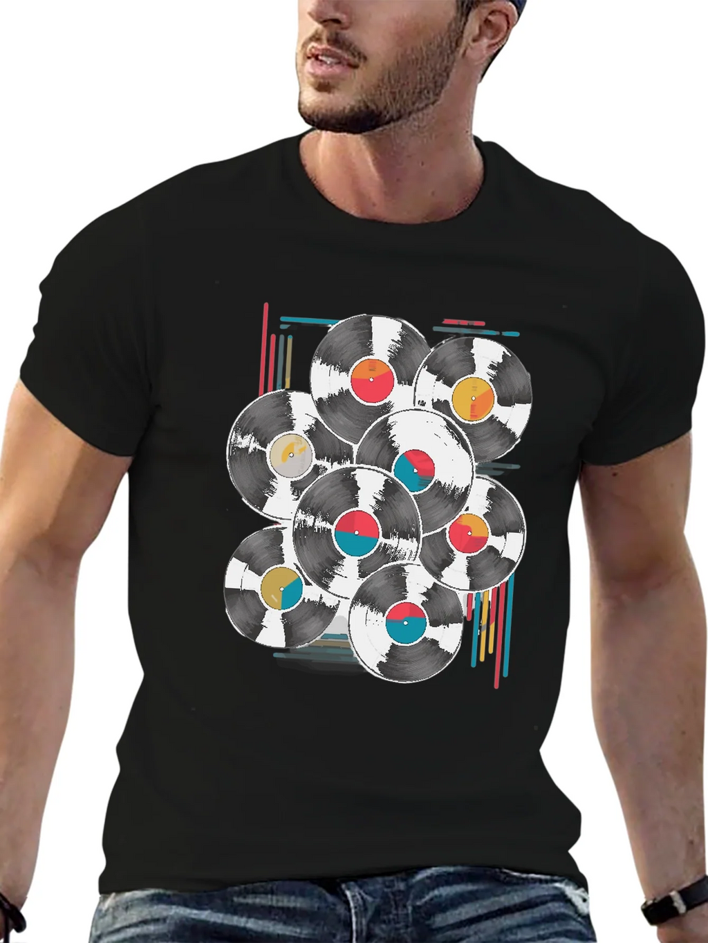 Retro Vinyl Record Graphic Tee - Black Cotton Blend T-Shirt product image 6