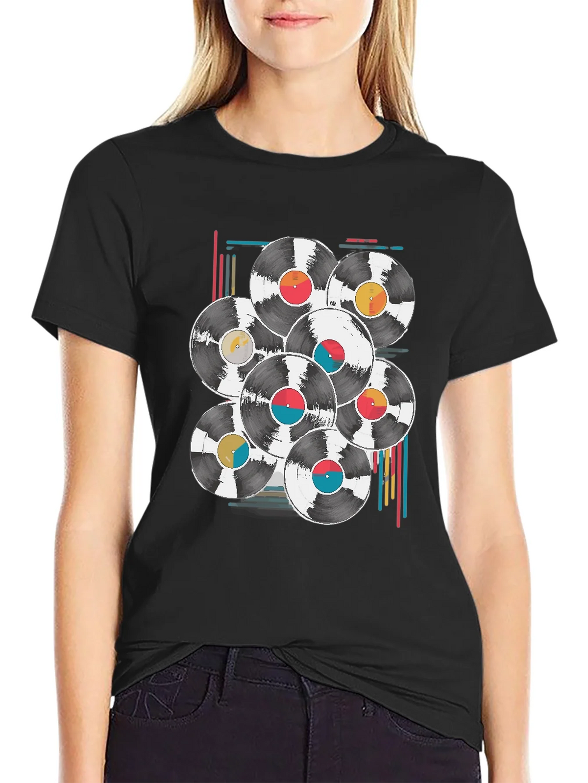 Retro Vinyl Record Graphic Tee - Black Cotton Blend T-Shirt product image 2