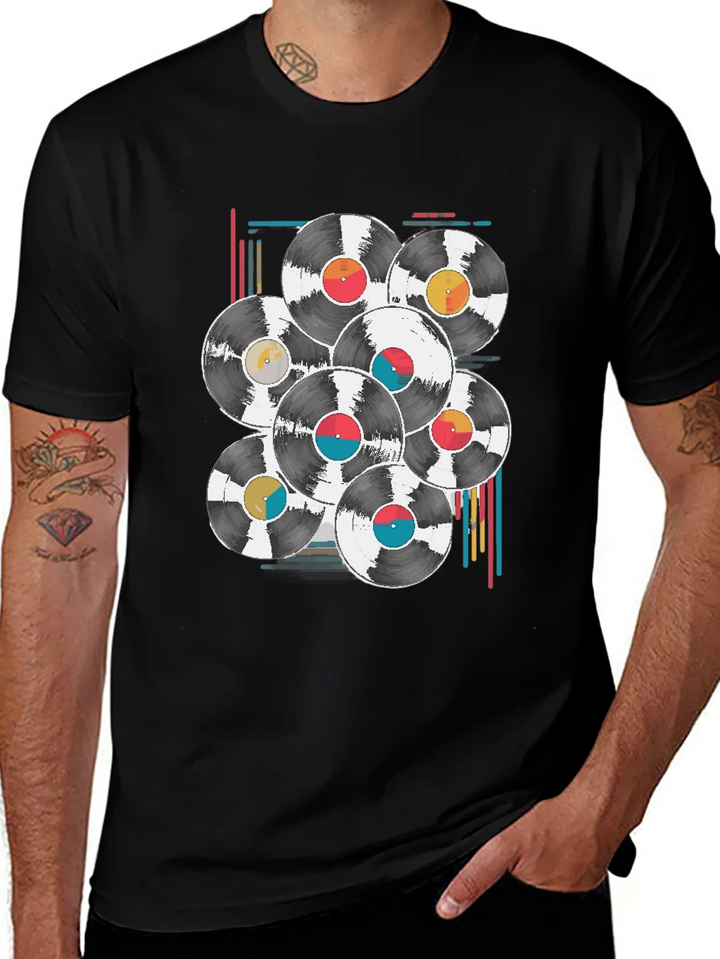Retro Vinyl Record Graphic Tee - Black Cotton Blend T-Shirt product image 1