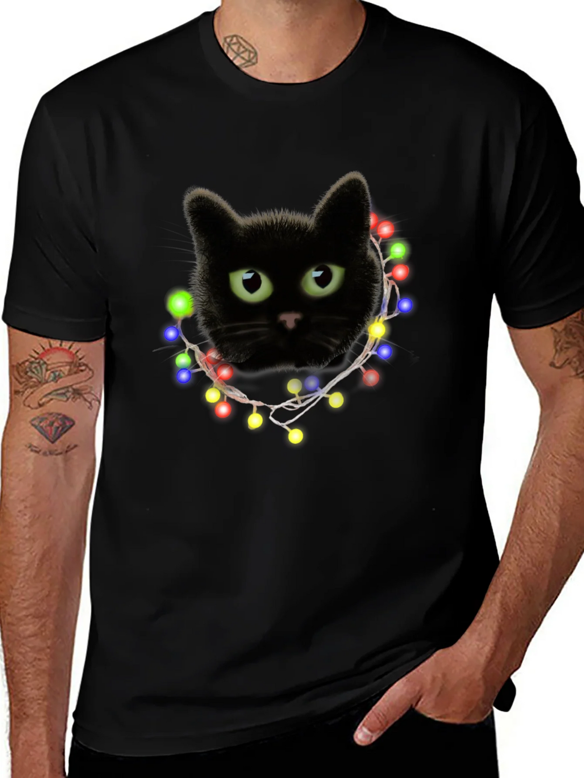 Black Cat Christmas Lights T-Shirt product image 1