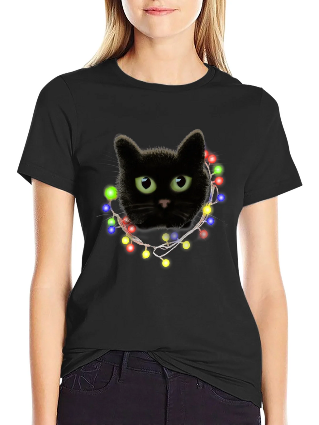 Black Cat Christmas Lights T-Shirt product image 2