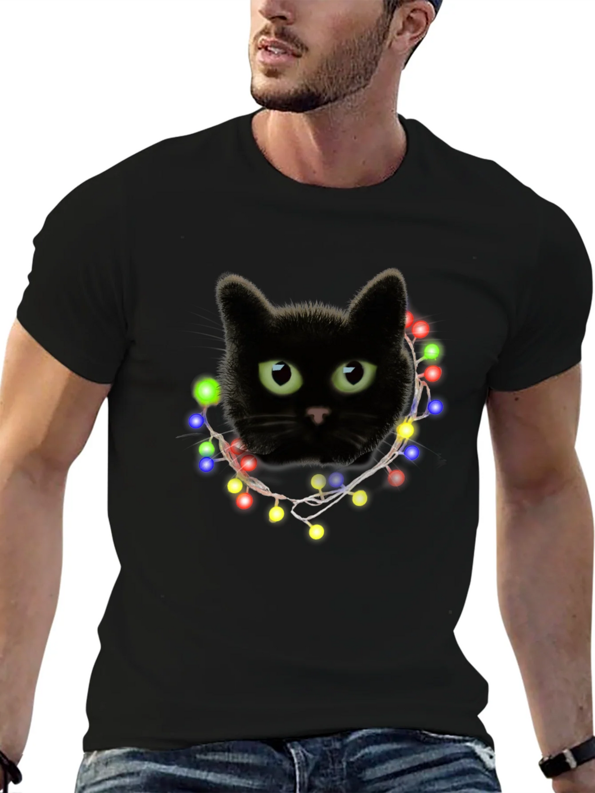 Black Cat Christmas Lights T-Shirt product image 5