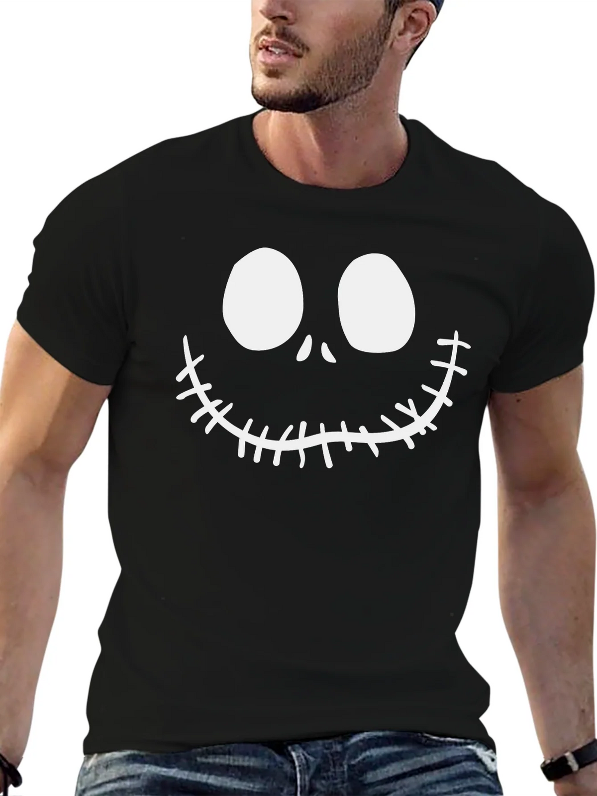Jack Skellington Face Black Cotton T-Shirt product image 6