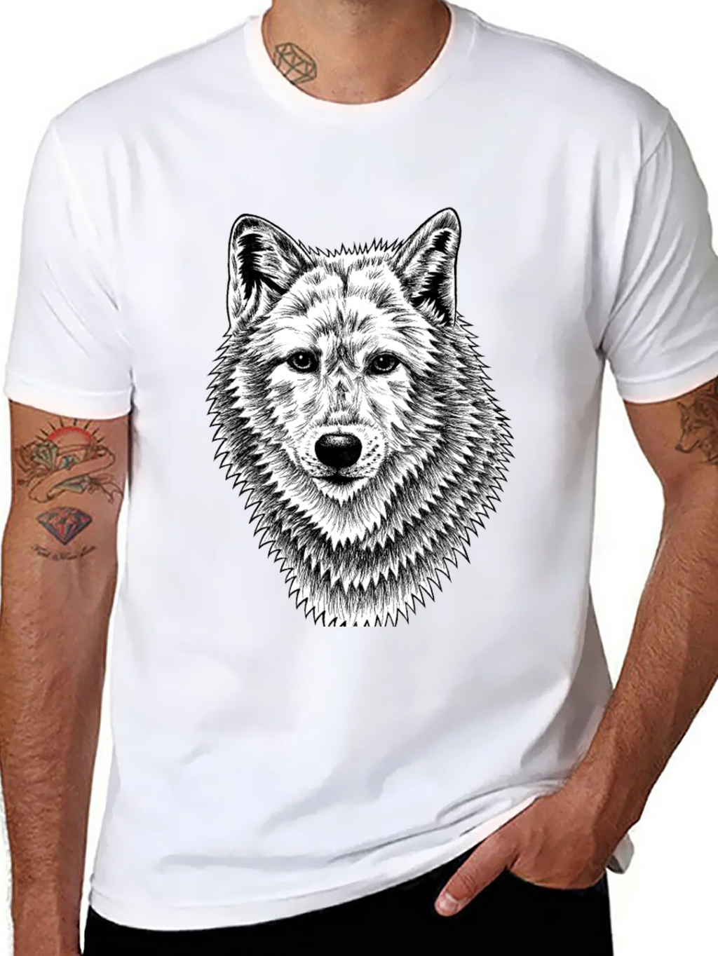 Black T-Shirt with Wolf Graphic Print for Men product image 5