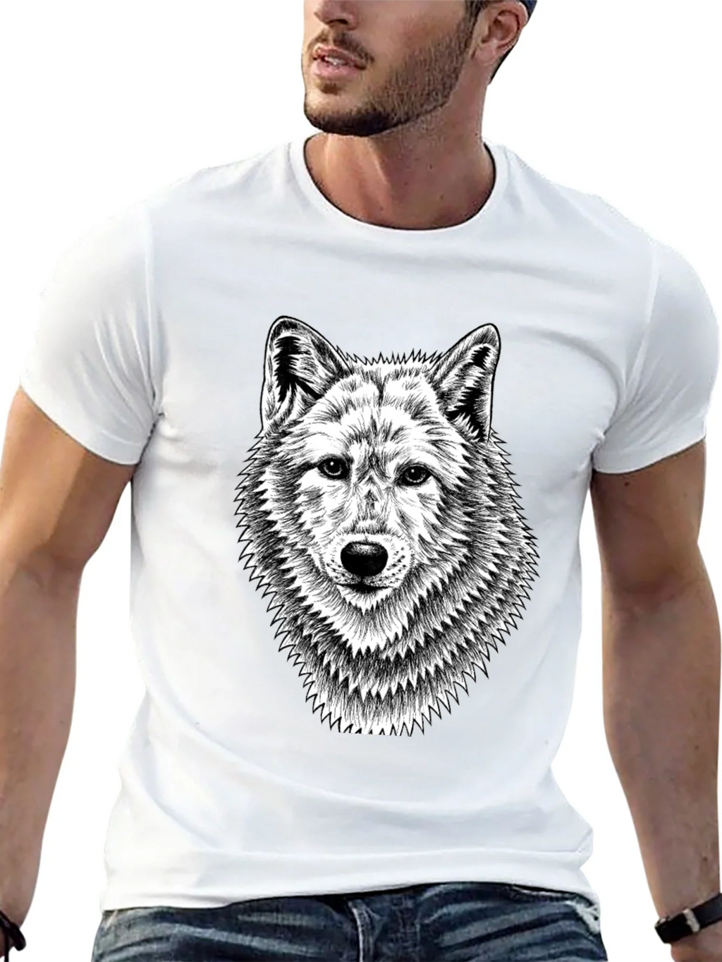 Black T-Shirt with Wolf Graphic Print for Men product image 7