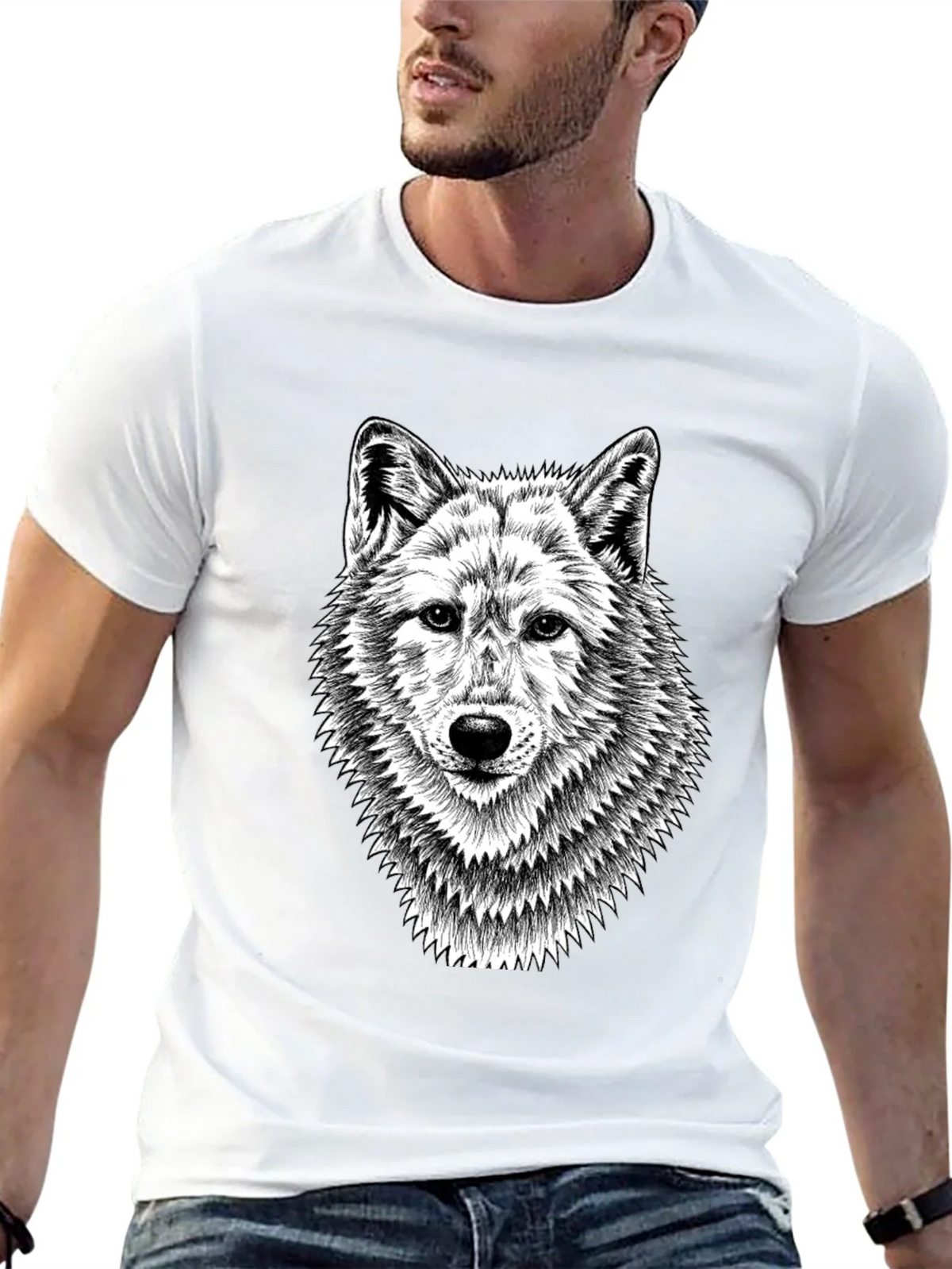 Black T-Shirt with Wolf Graphic Print for Men product image 7