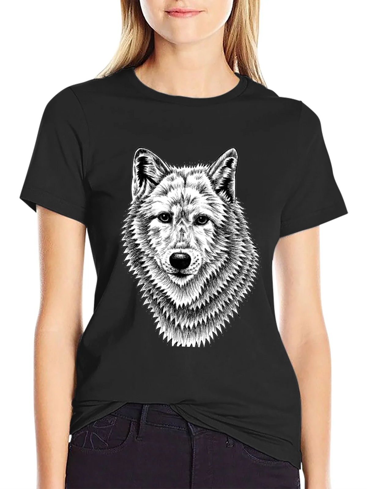 Black T-Shirt with Wolf Graphic Print for Men product image 2