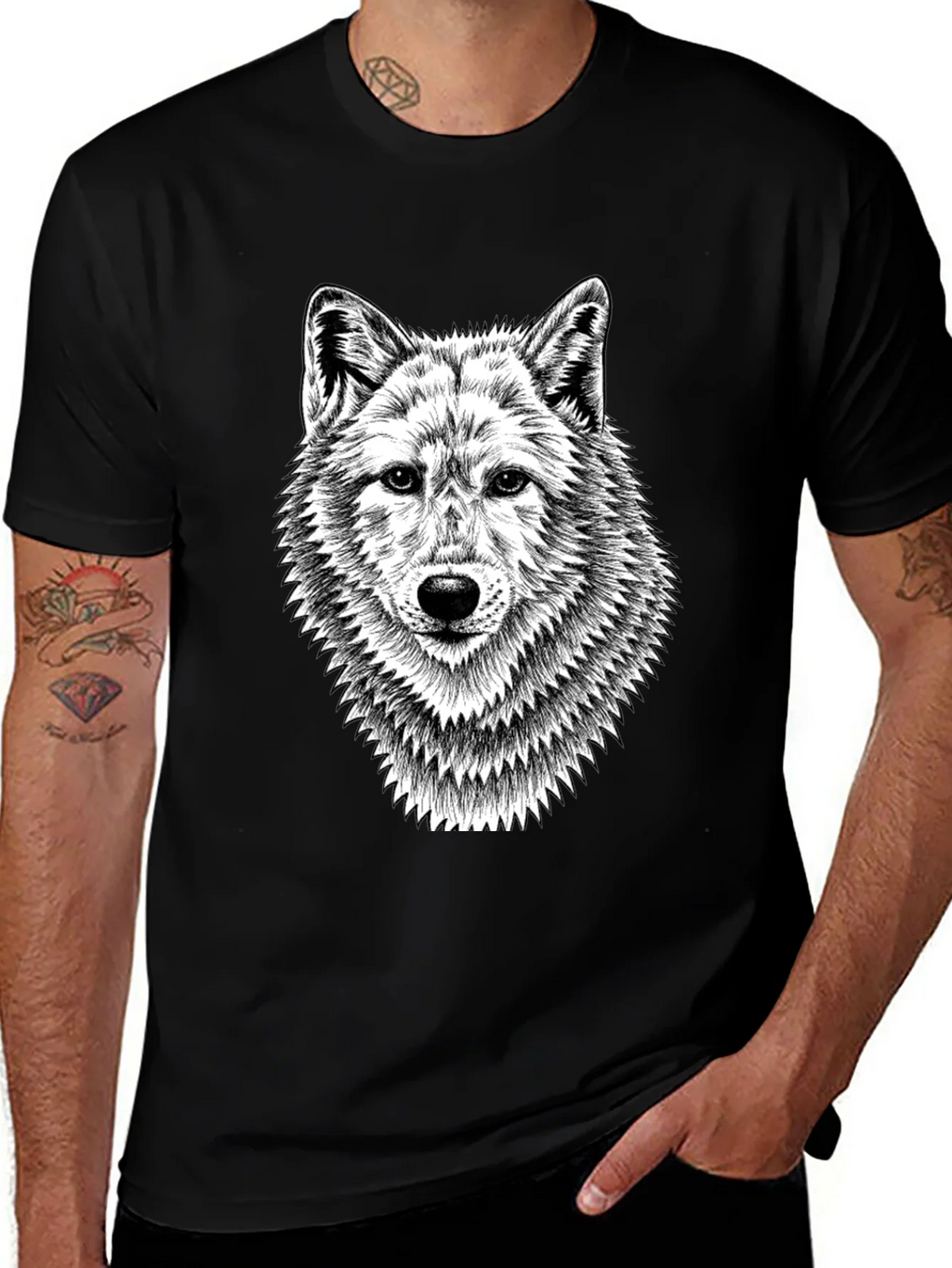 Black T-Shirt with Wolf Graphic Print for Men product image 1