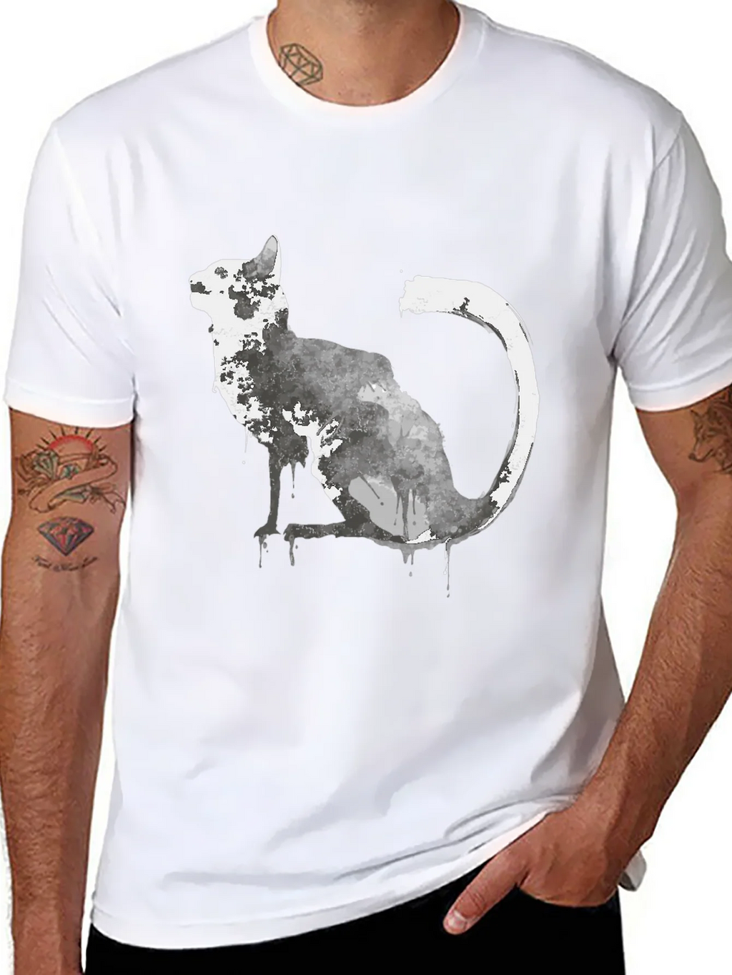 Watercolor Cat Graphic Black T-Shirt product image 7