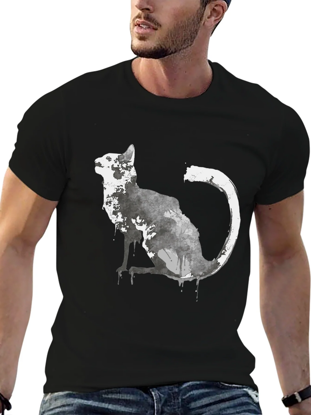 Watercolor Cat Graphic Black T-Shirt product image 6