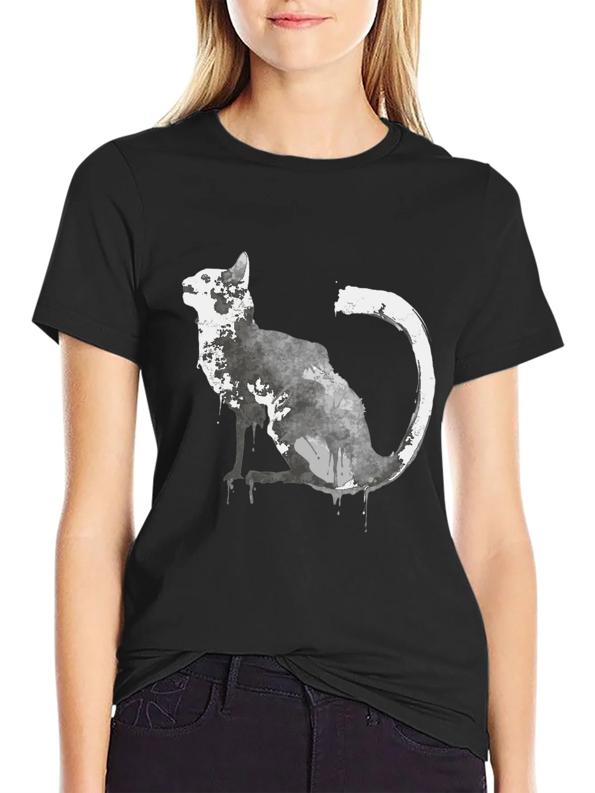 Watercolor Cat Graphic Black T-Shirt product image 2
