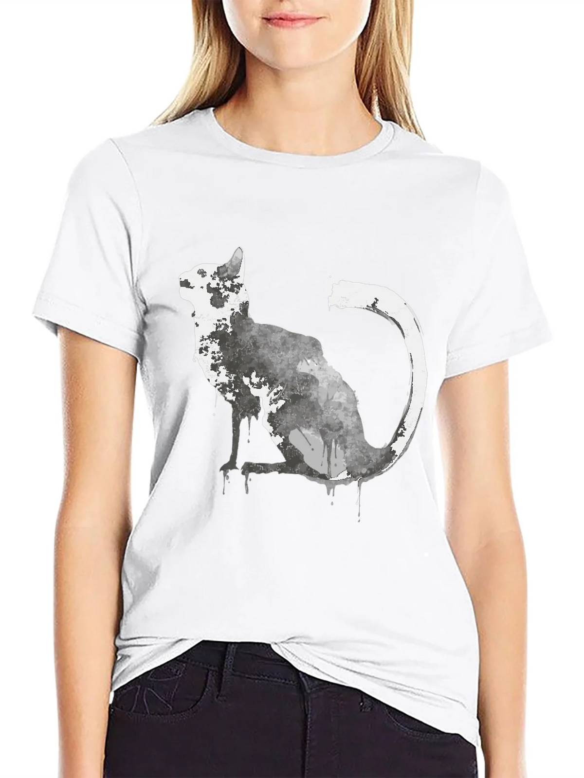 Watercolor Cat Graphic Black T-Shirt product image 8