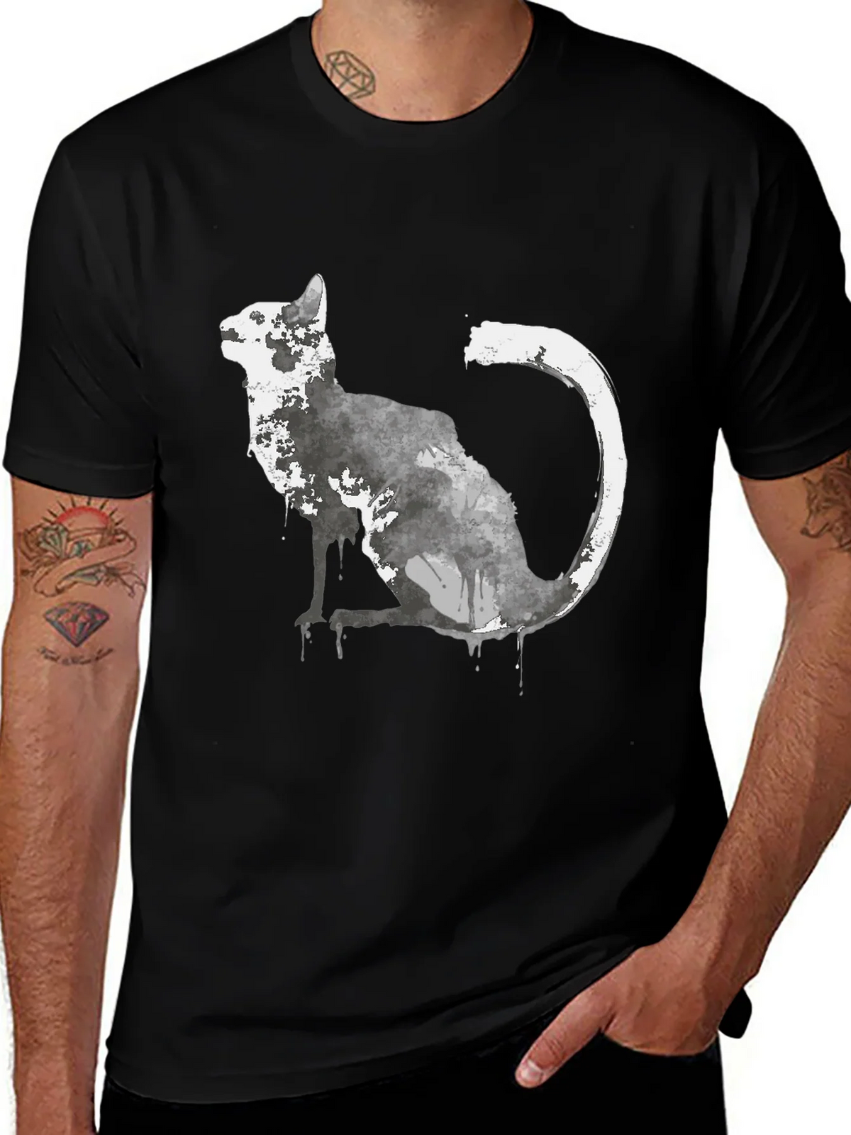 Watercolor Cat Graphic Black T-Shirt product image 1