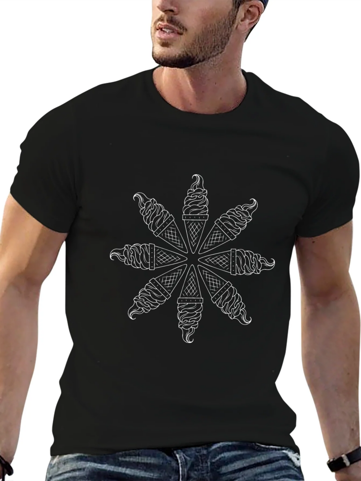 Ice Cream Cone Pattern Black T-Shirt product image 2