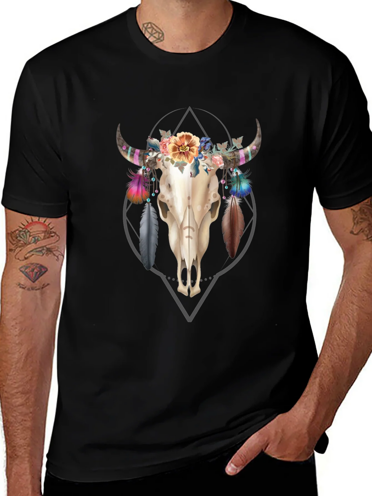Floral Skull Graphic Tee - Trendy Mens Black T-Shirt product image 1