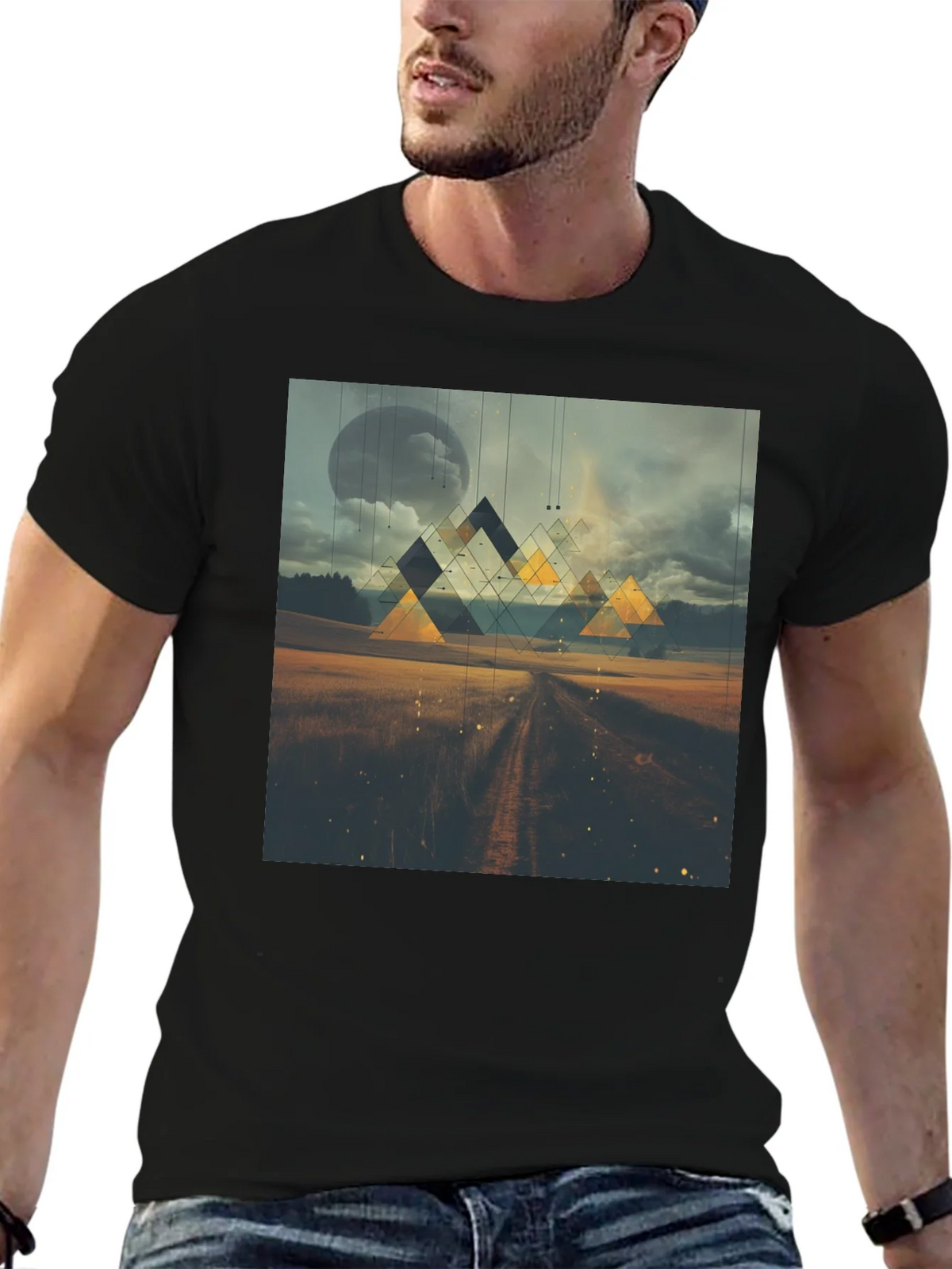 Abstract Geometric Landscape Black T-Shirt product image 5