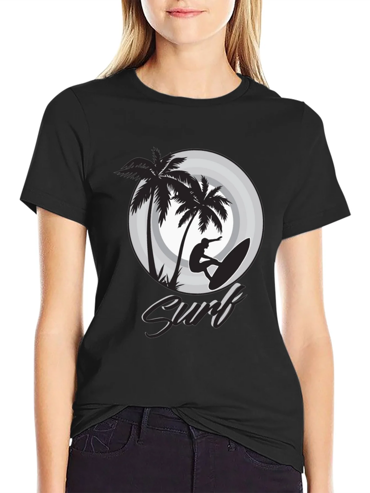 Surfs Up Black Graphic Tee | Tropical Palm Tree Surfer product image 2