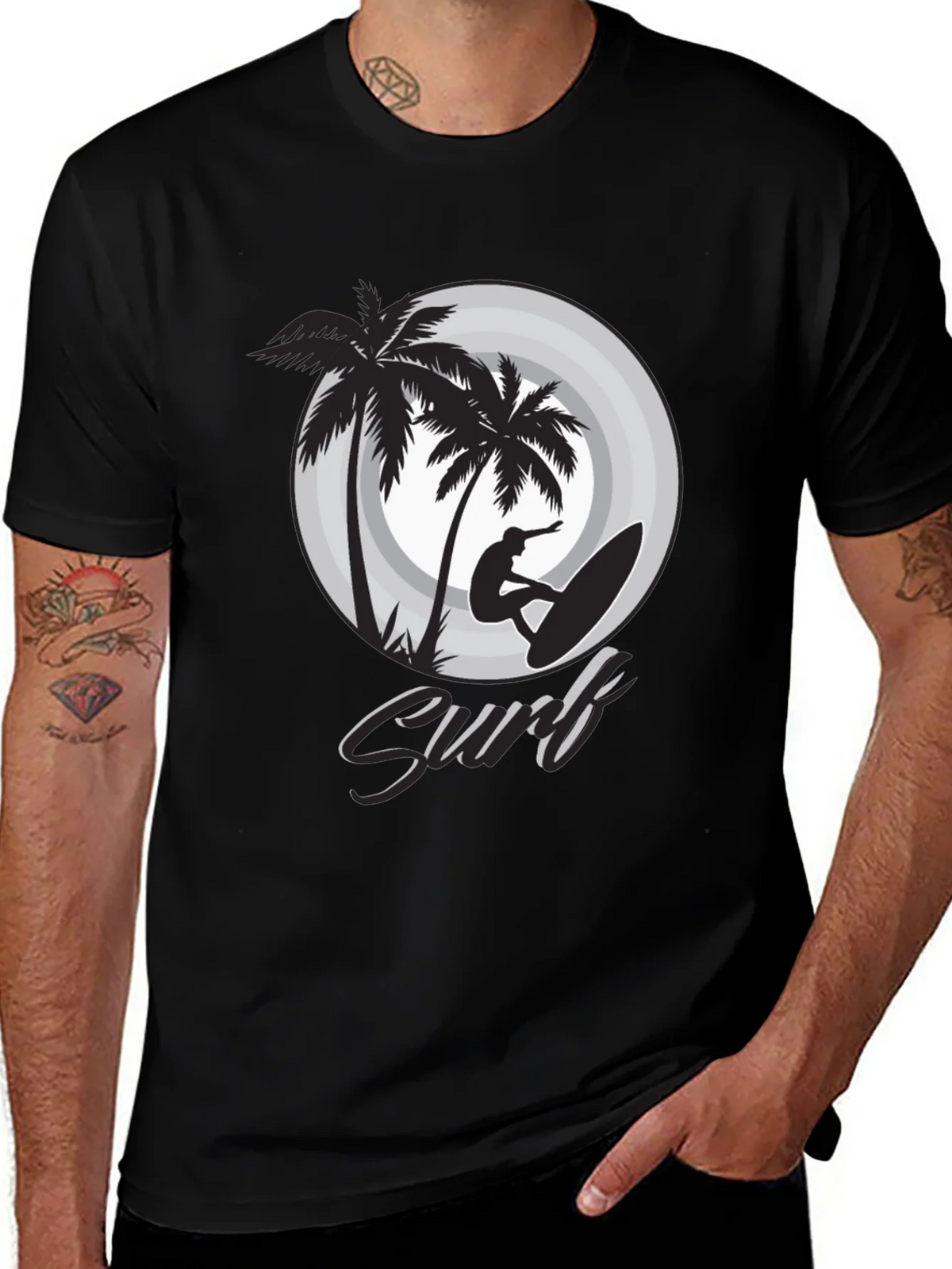 Surfs Up Black Graphic Tee | Tropical Palm Tree Surfer product image 1