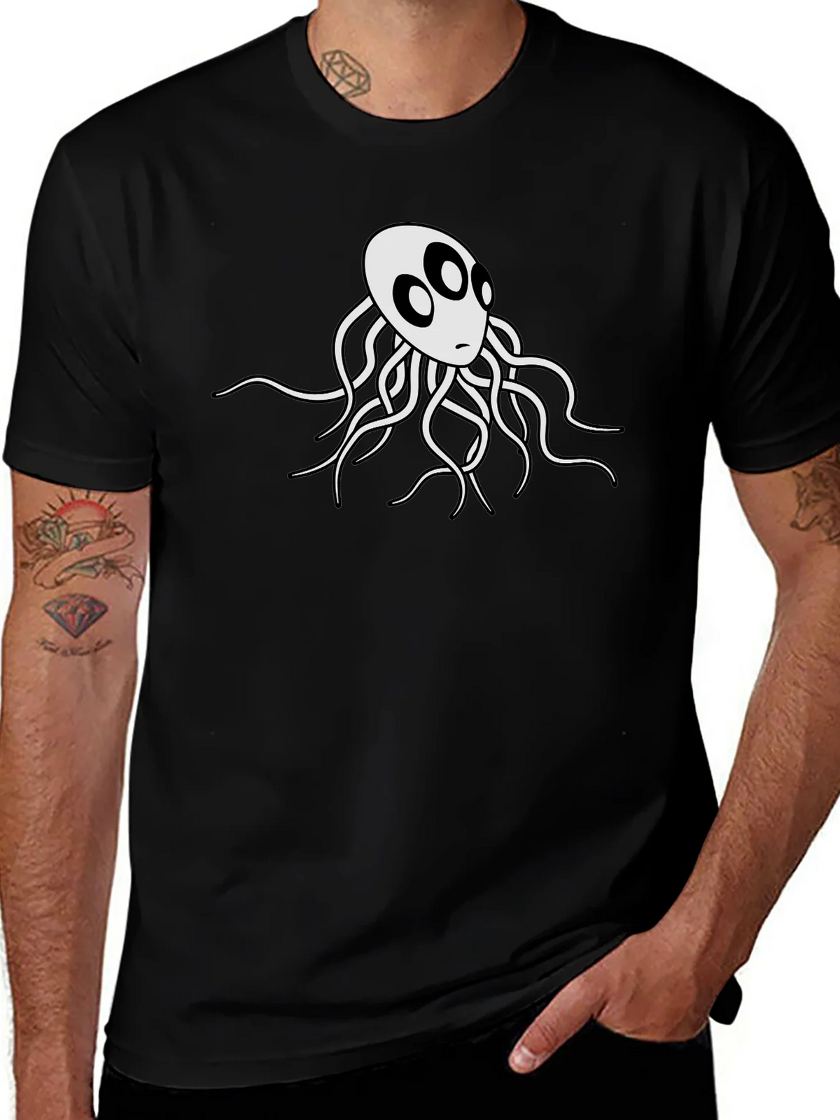 Mens Black T-Shirt with White Octopus Graphic product image 1