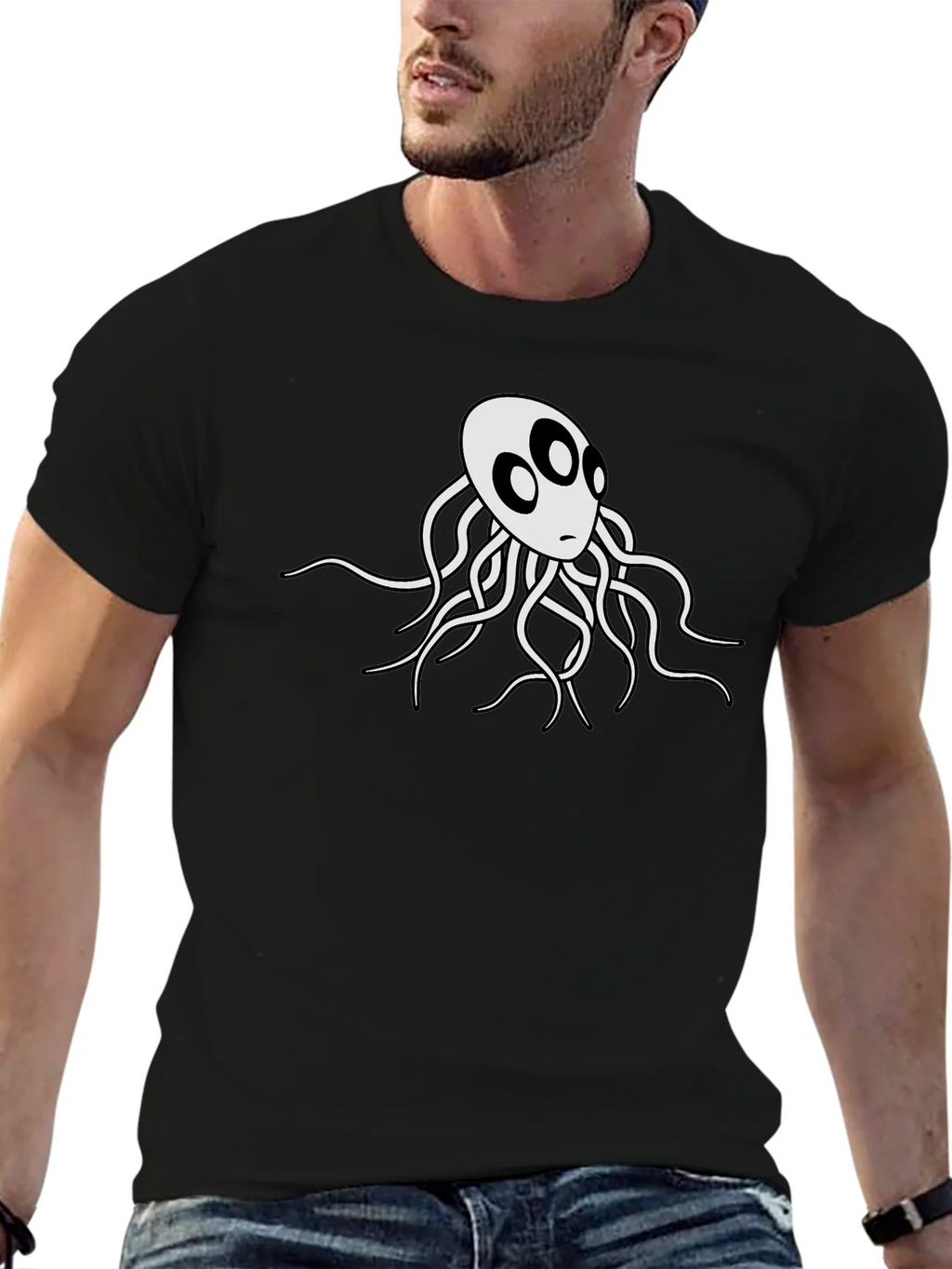 Mens Black T-Shirt with White Octopus Graphic product image 6