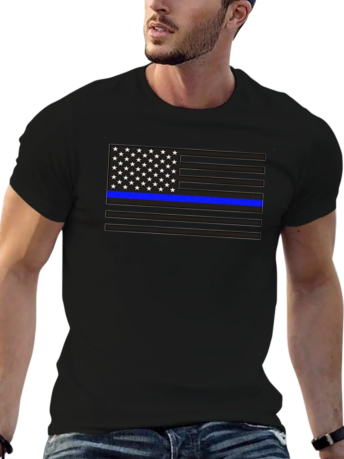 Thin Blue Line American Flag Graphic Tee product image 6